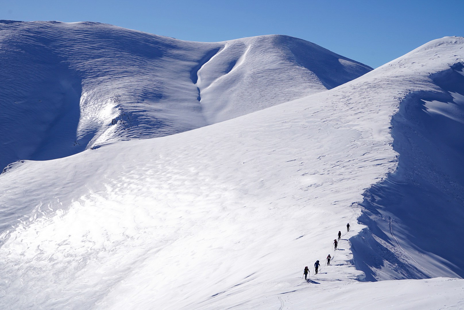 File de skieurs gravissant une crête blanche, vallée de Becho, vers le massif de l’Ushba, pendant le voyage à ski en Géorgie.