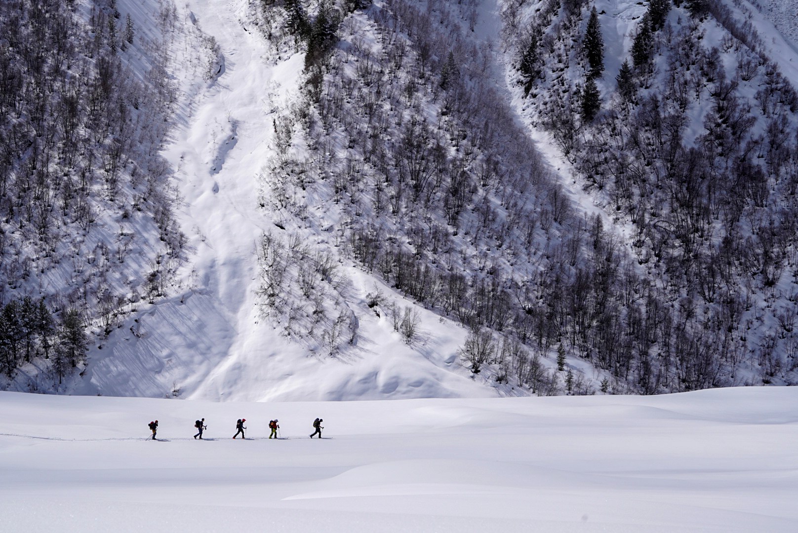 Groupe avançant dans un vallon enneigé, secteur d’Adishi et du Tetnuldi, pendant une traversée à ski en Haute-Svanétie.