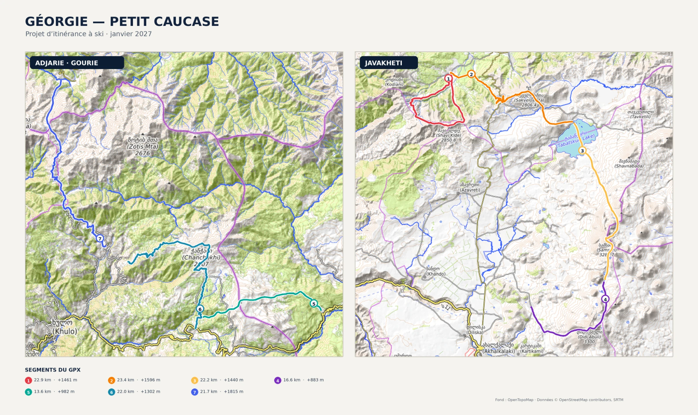 Carte de l’itinéraire à ski 2027 dans le Petit Caucase, entre Javakheti, Adjarie et Gourie